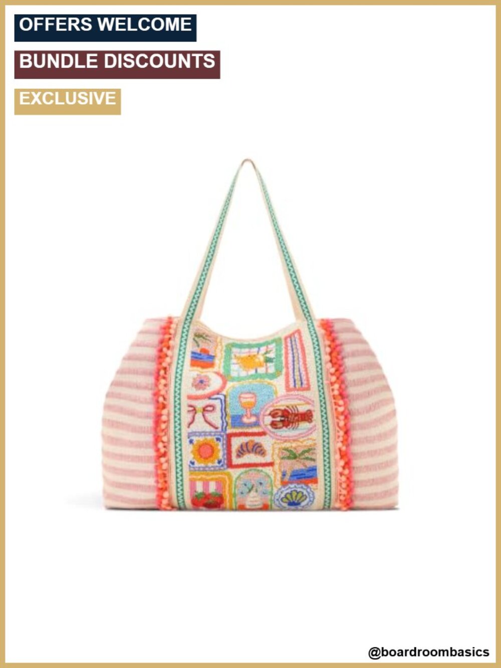 Oversized Beaded Summer Tote Bag with Pom Pom Trim